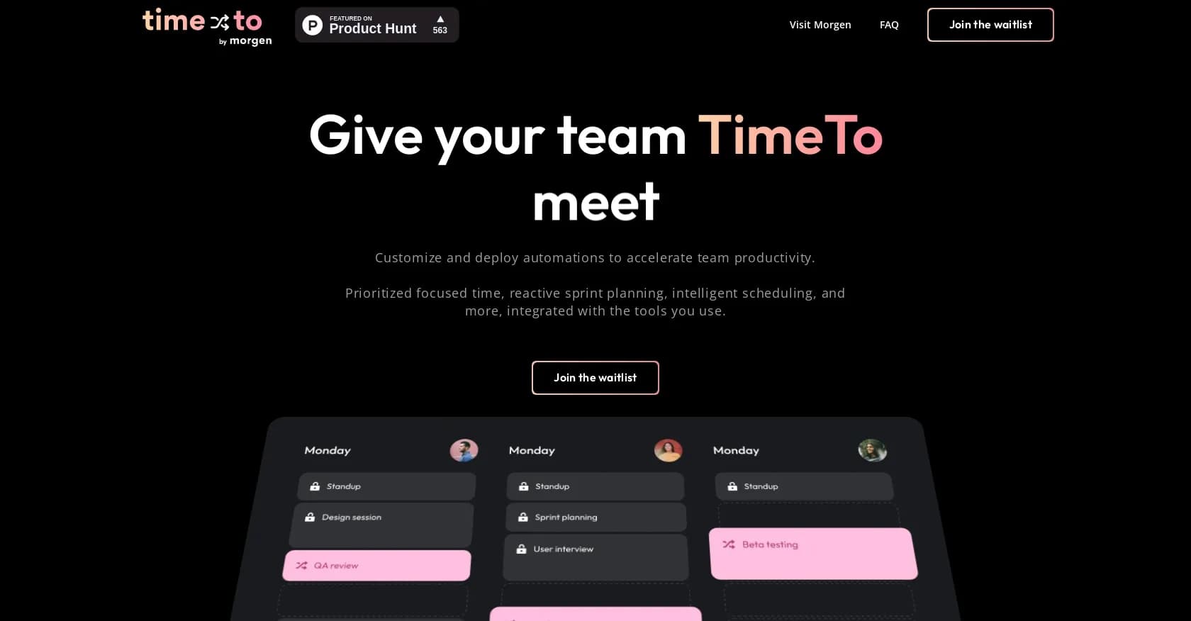 TimeTo homepage screenshot — AI-powered time management to unleash team productivity.