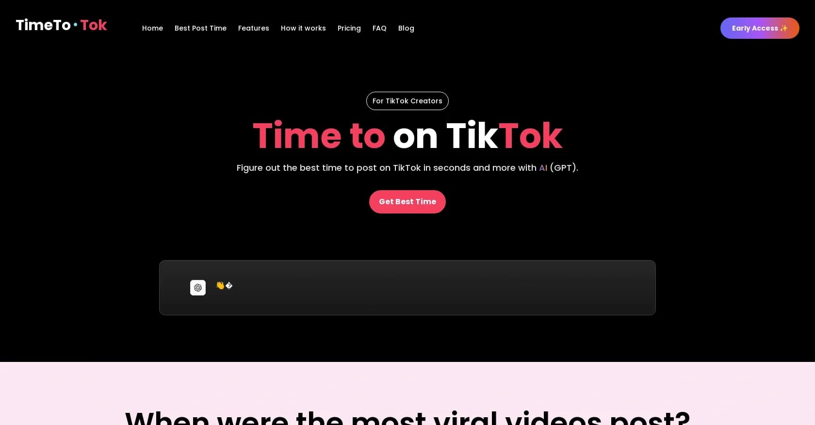 TimeToTok homepage screenshot — AI-powered best time to post on TikTok.