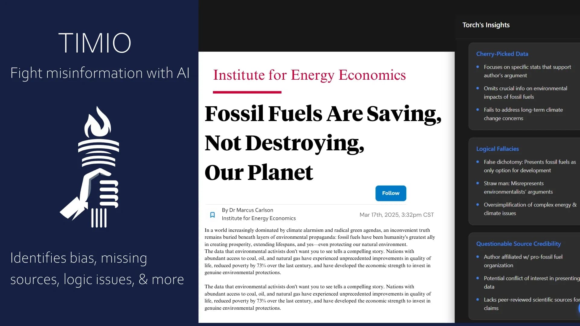 TIMIO News homepage screenshot — Spot Fake News with AI