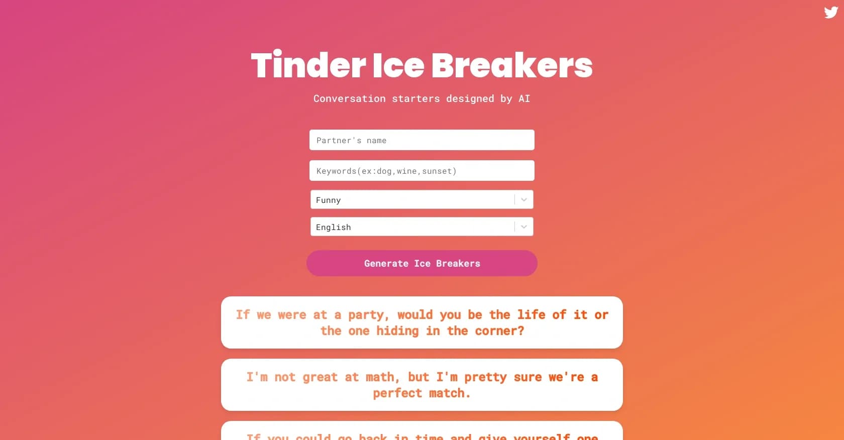 Tinder Ice Breakers homepage screenshot — AI-powered conversation starters for dating apps