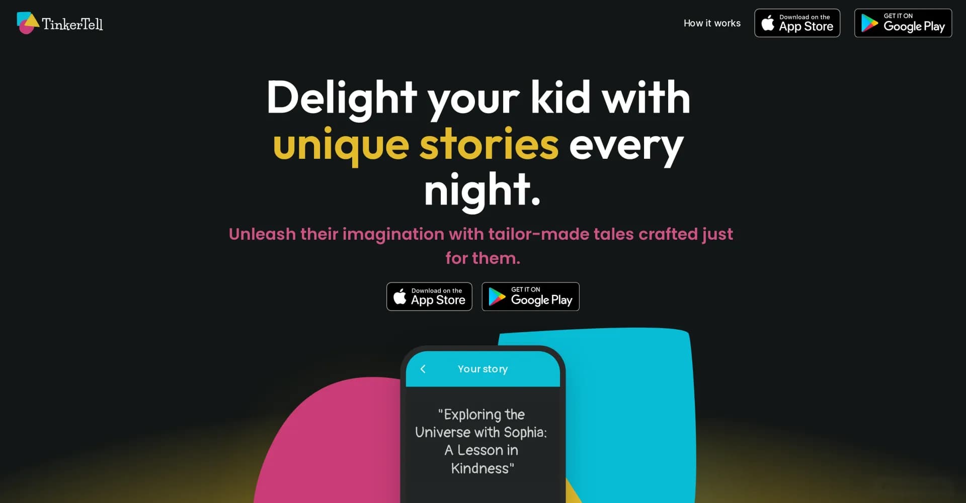 TinkerTell homepage screenshot — Delight kids with unique nightly stories.
