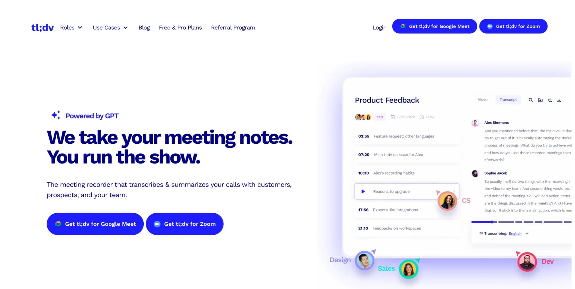 TL;DV homepage screenshot — Assisting virtual teams in meeting productivity.
