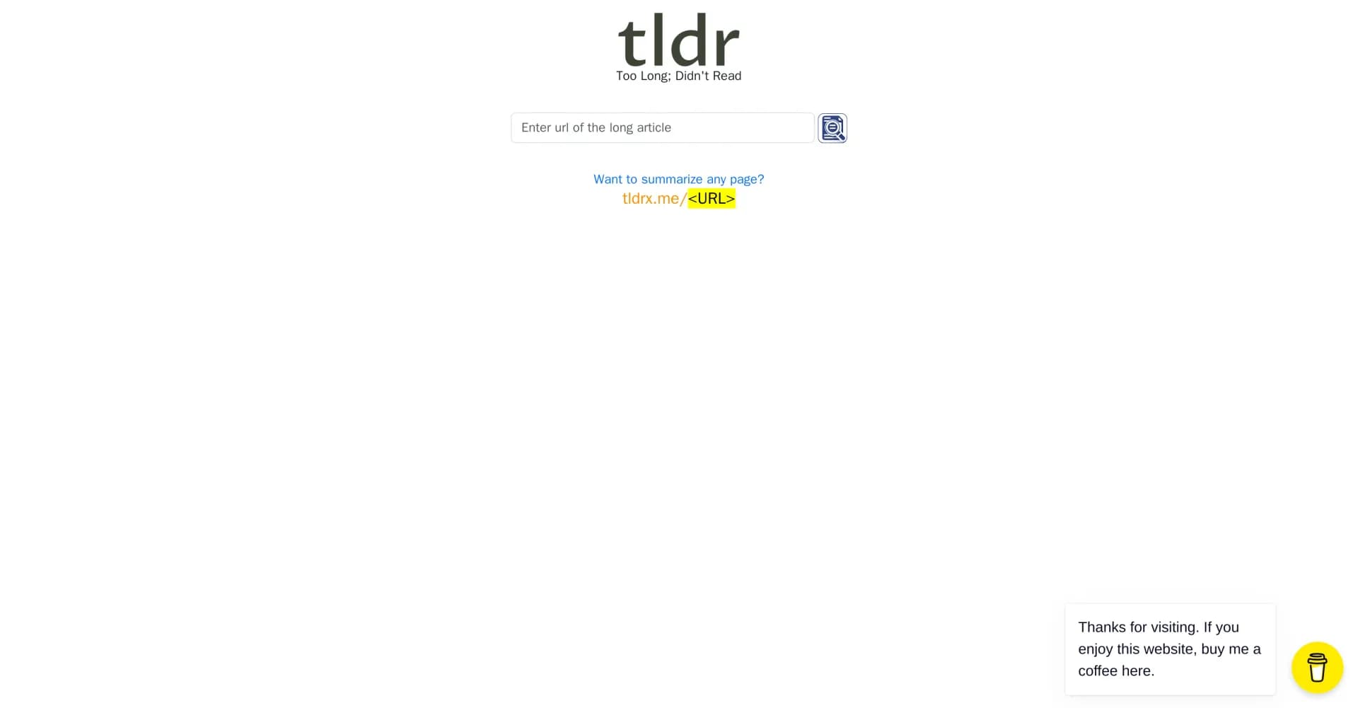 TLDRX homepage screenshot — Instantly summarize any webpage or article