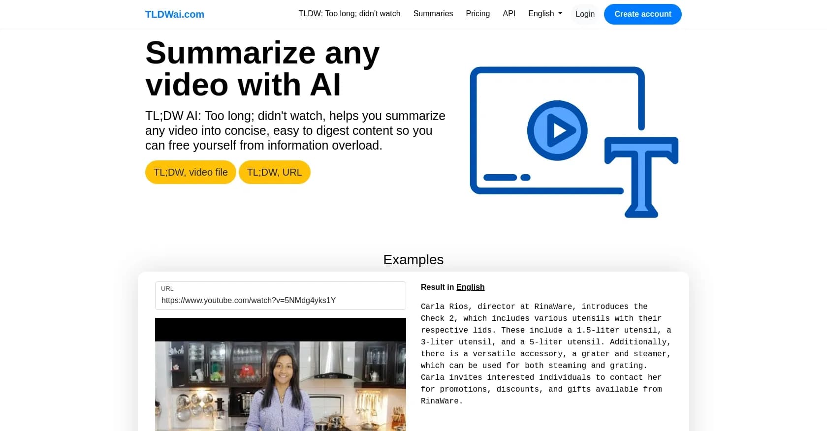 TLDWAI homepage screenshot — Make AI summaries from videos instantly