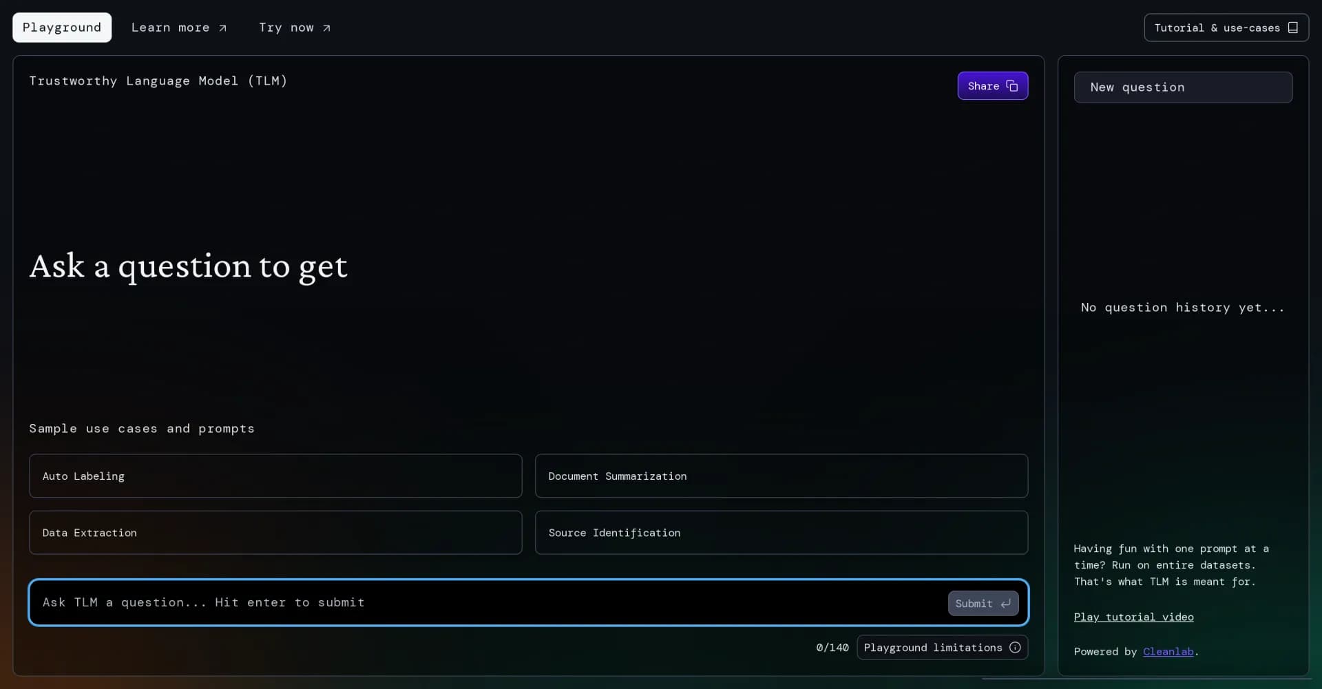 TLM Playground homepage screenshot — Test AI language models in your browser
