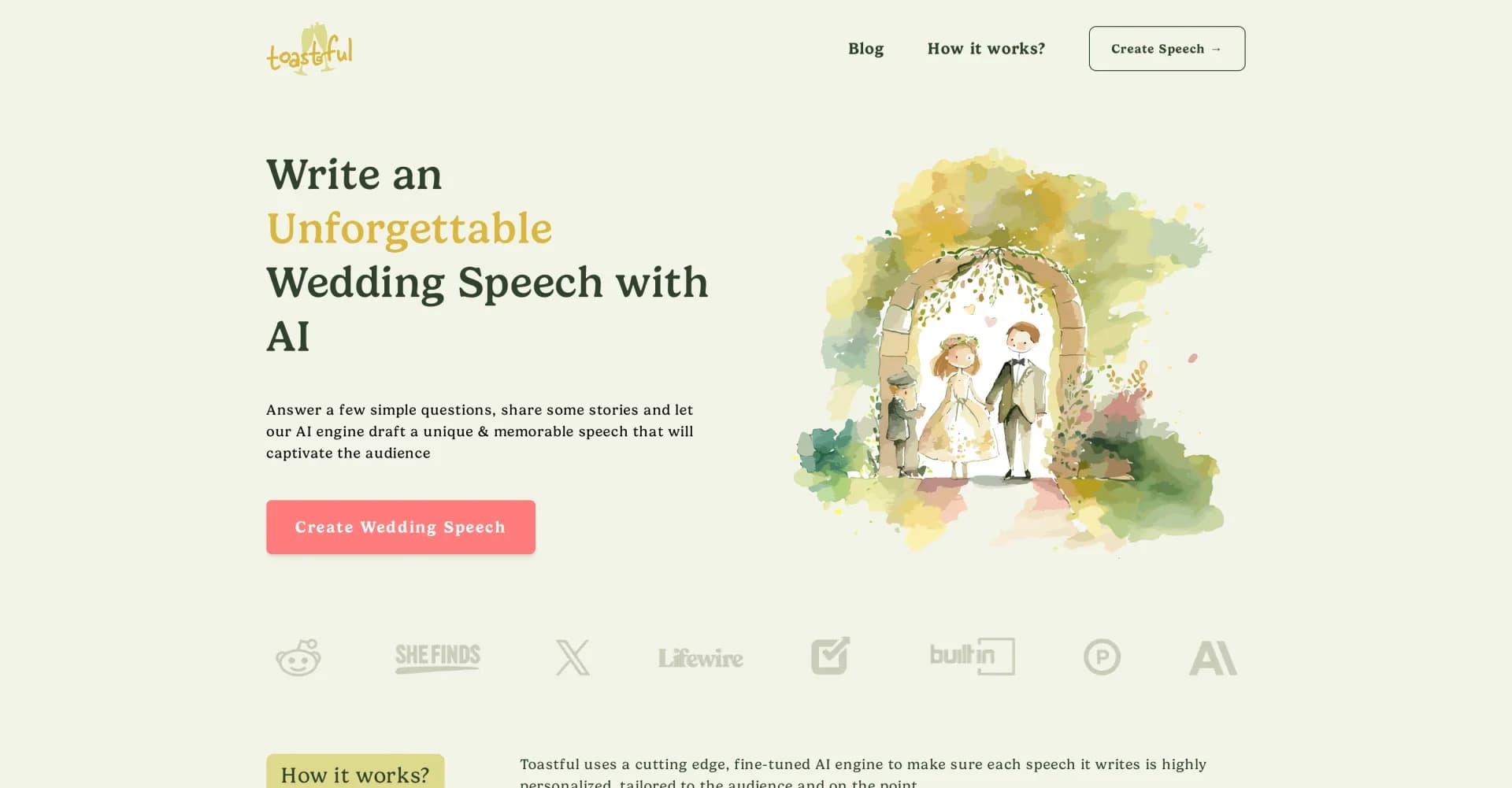 Toastful homepage screenshot — Write unforgettable wedding speeches with AI