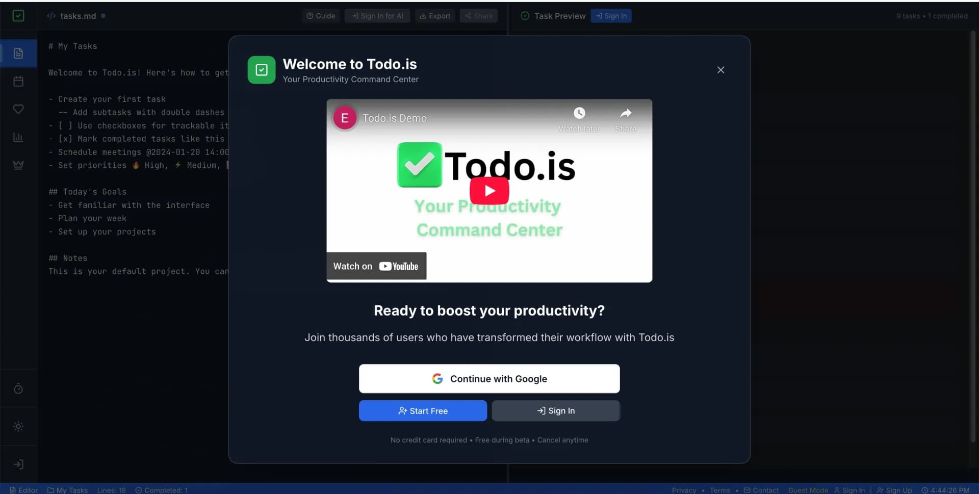ToDo.isv3.0.0 homepage screenshot — Efficient project management with generated tasks