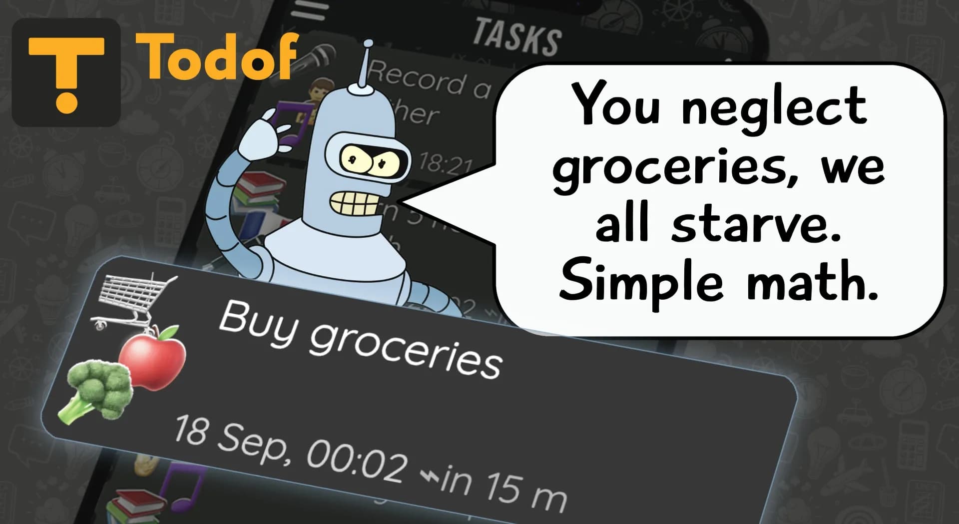 Todof - AI Reminder homepage screenshot — Tasks with personality, reminders with bite.