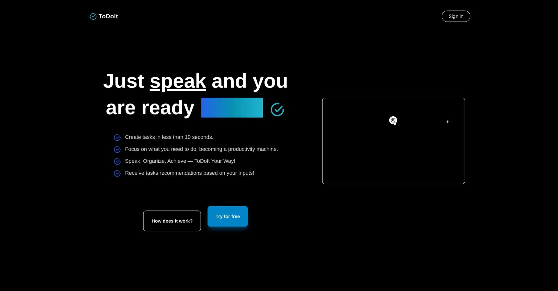 ToDoIt homepage screenshot — Create tasks in seconds by speaking