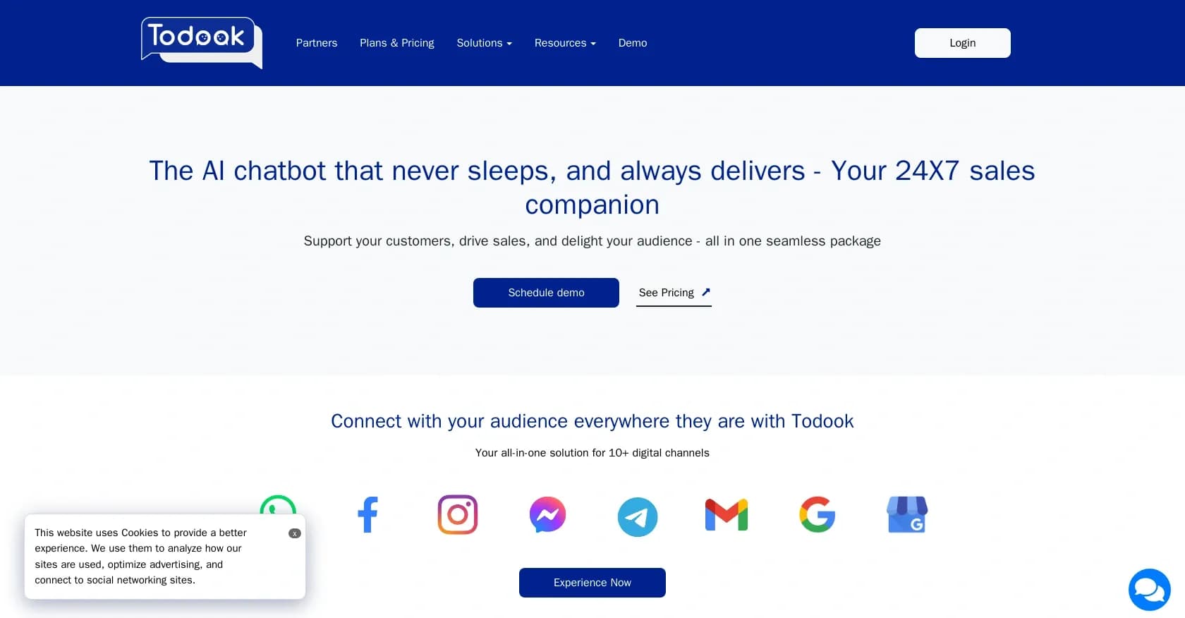 Todook homepage screenshot — Build advanced AI chatbots for WhatsApp and more.