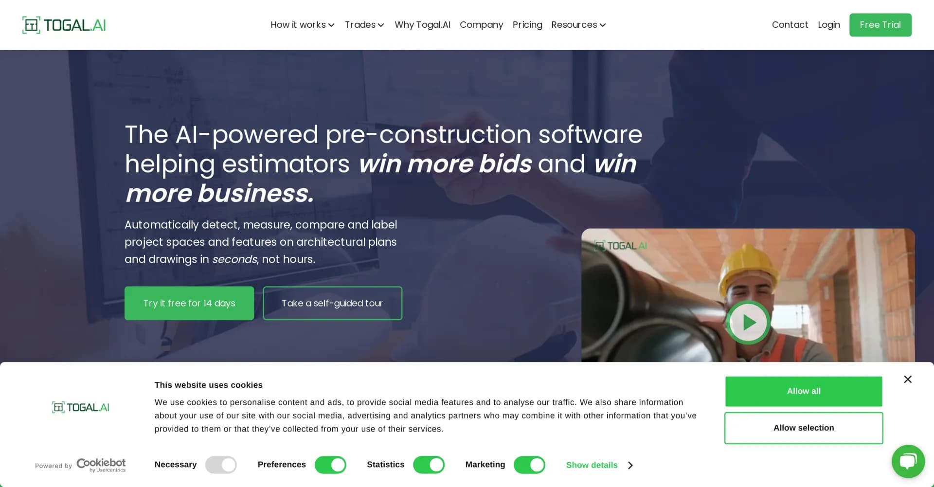 Togal homepage screenshot — AI-powered pre-construction technology for estimators.