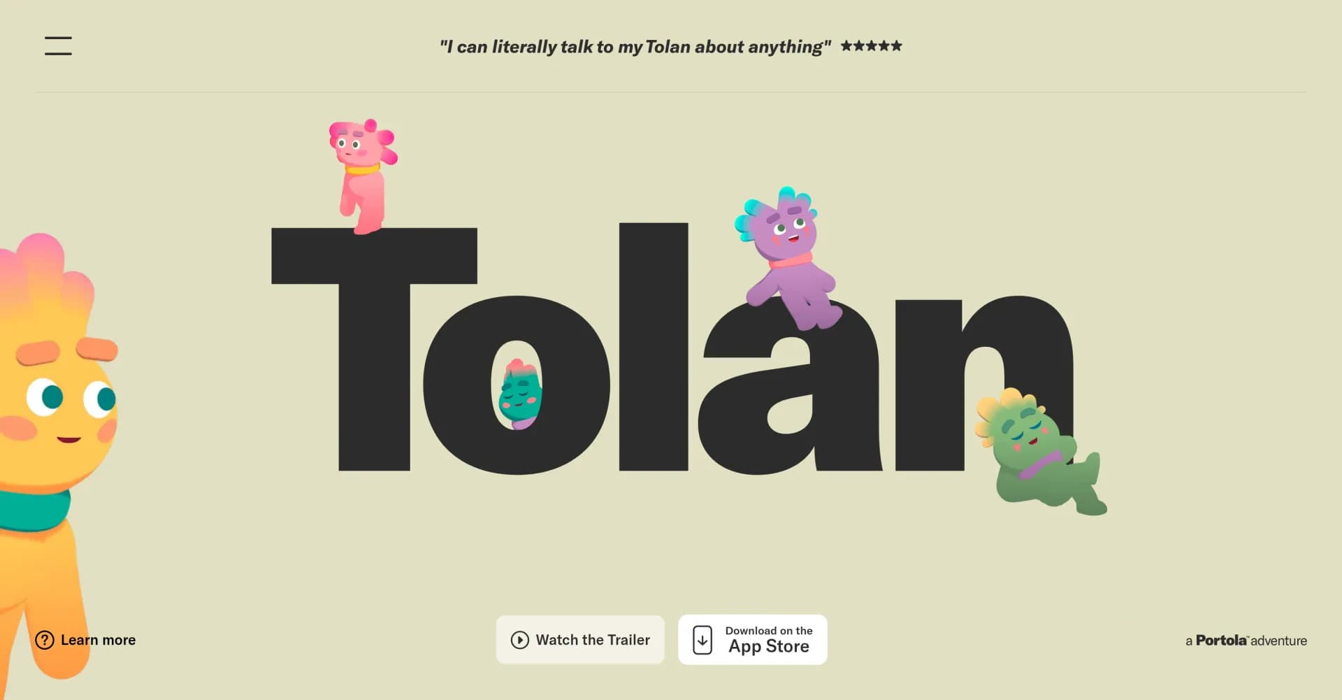 Tolan homepage screenshot — Meet Tolan: Your alien best friend.