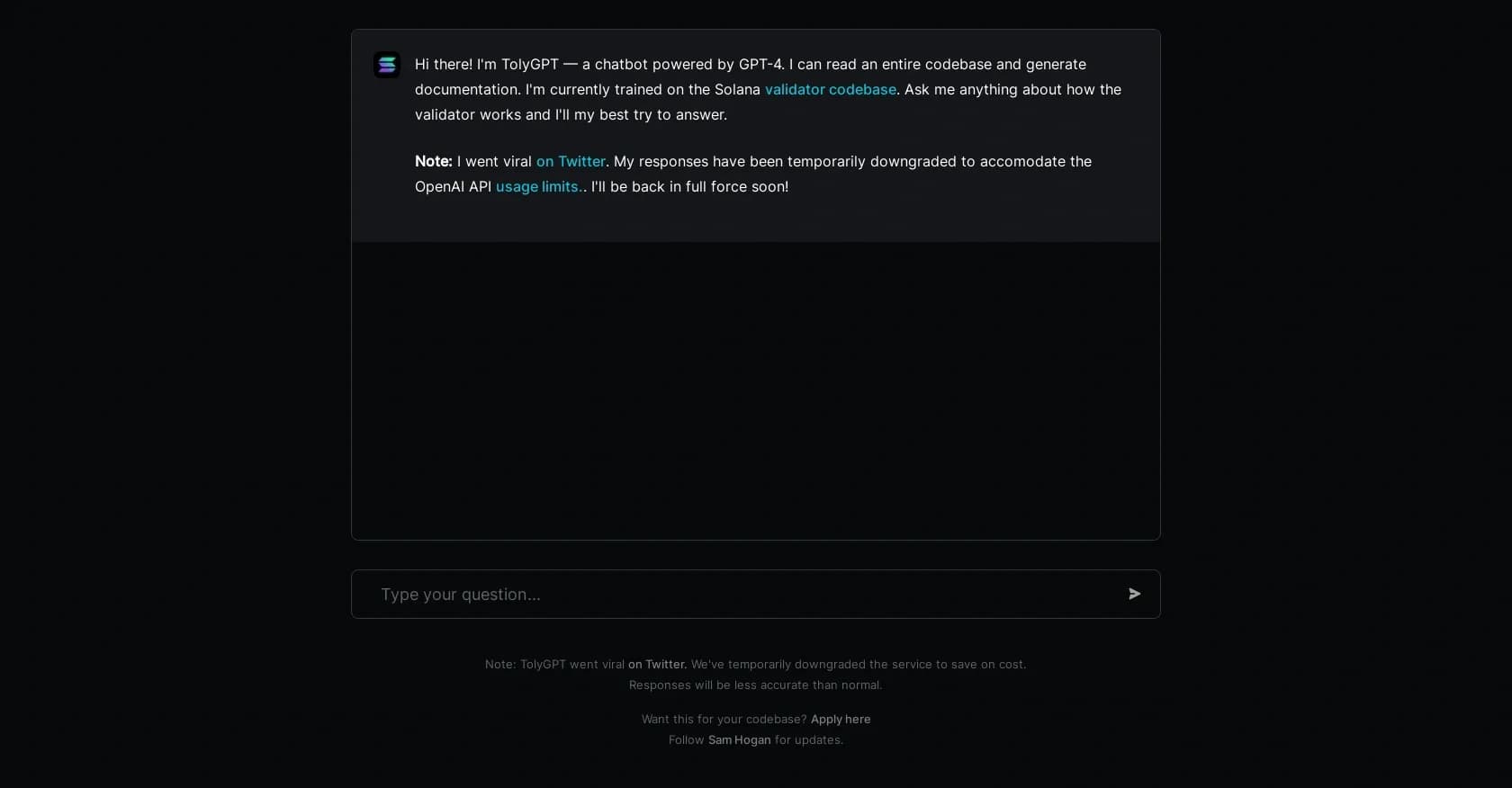 TolyGPT homepage screenshot — AI chatbot decoding Solana validator code.