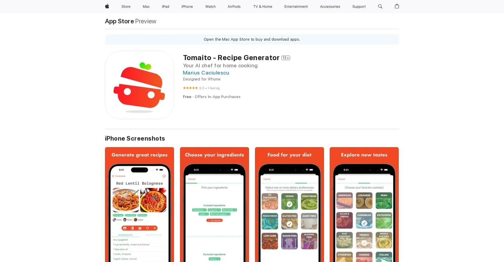Tomaito homepage screenshot — Personalized recipes generator for mobile.