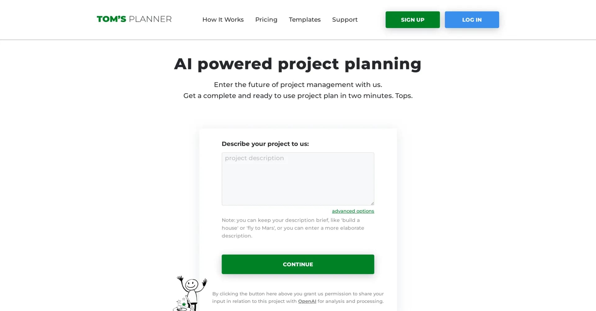 Tomsplanner homepage screenshot — AI-powered Gantt charts in minutes.