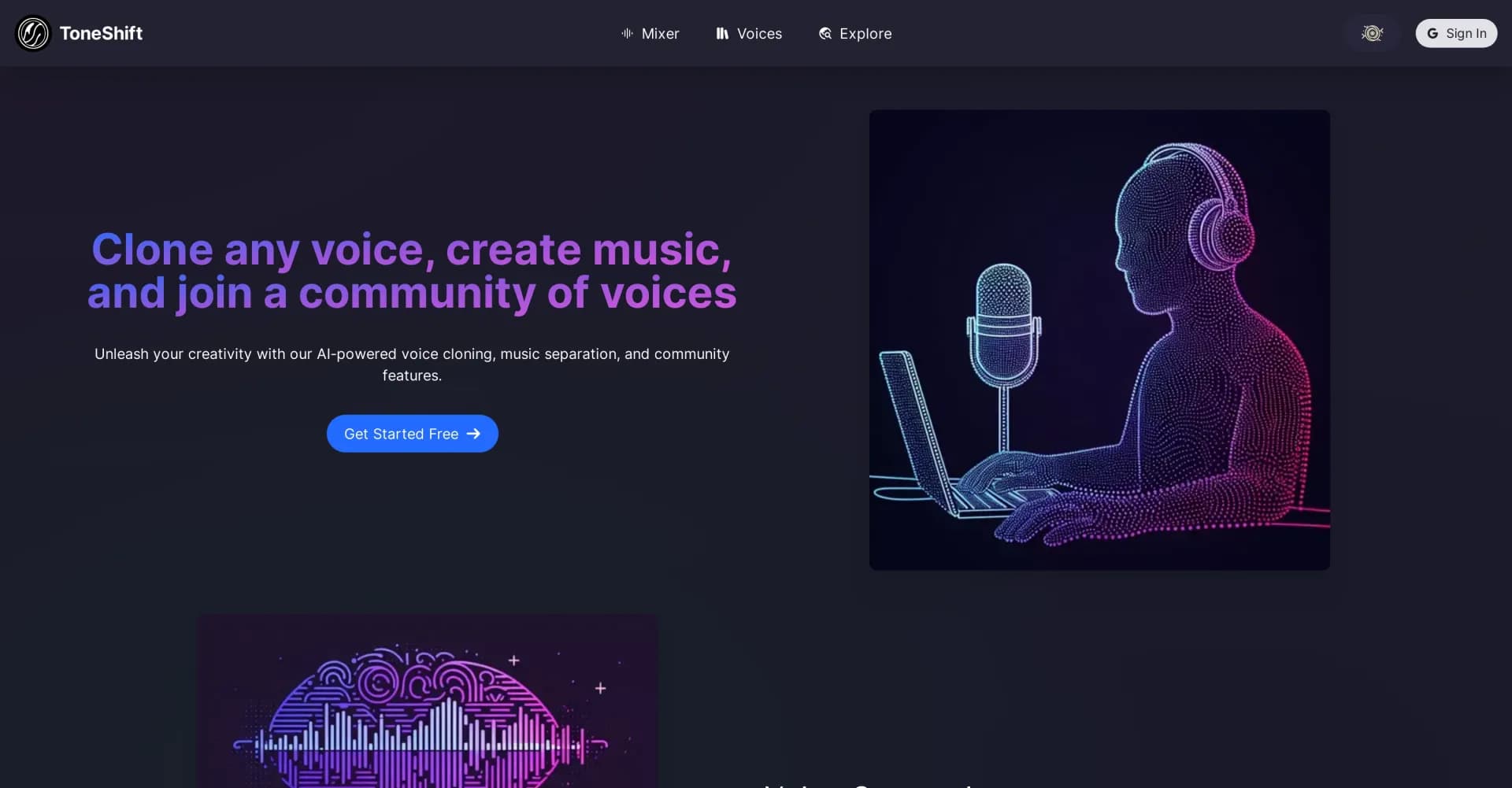 ToneShift homepage screenshot — Clone voices, separate music, create content.