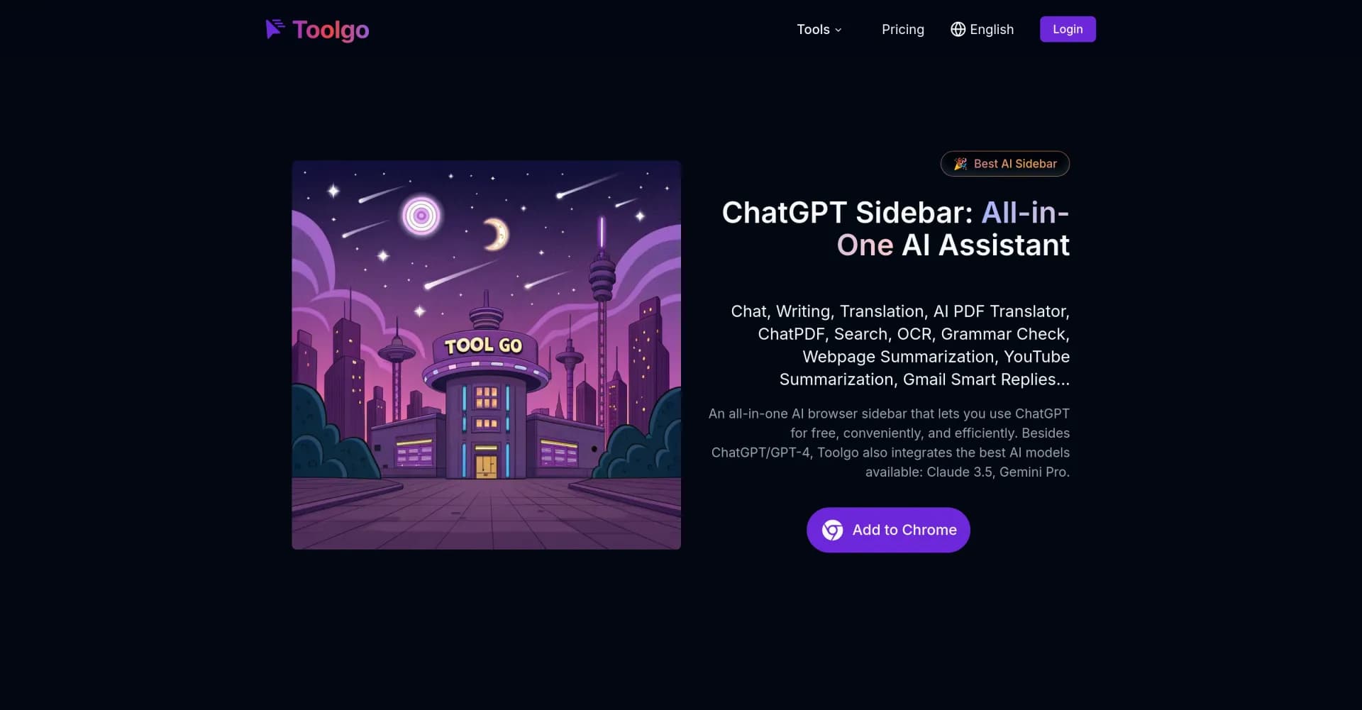 Toolgo homepage screenshot — Free all-in-one AI toolbox for chat, writing, and more.