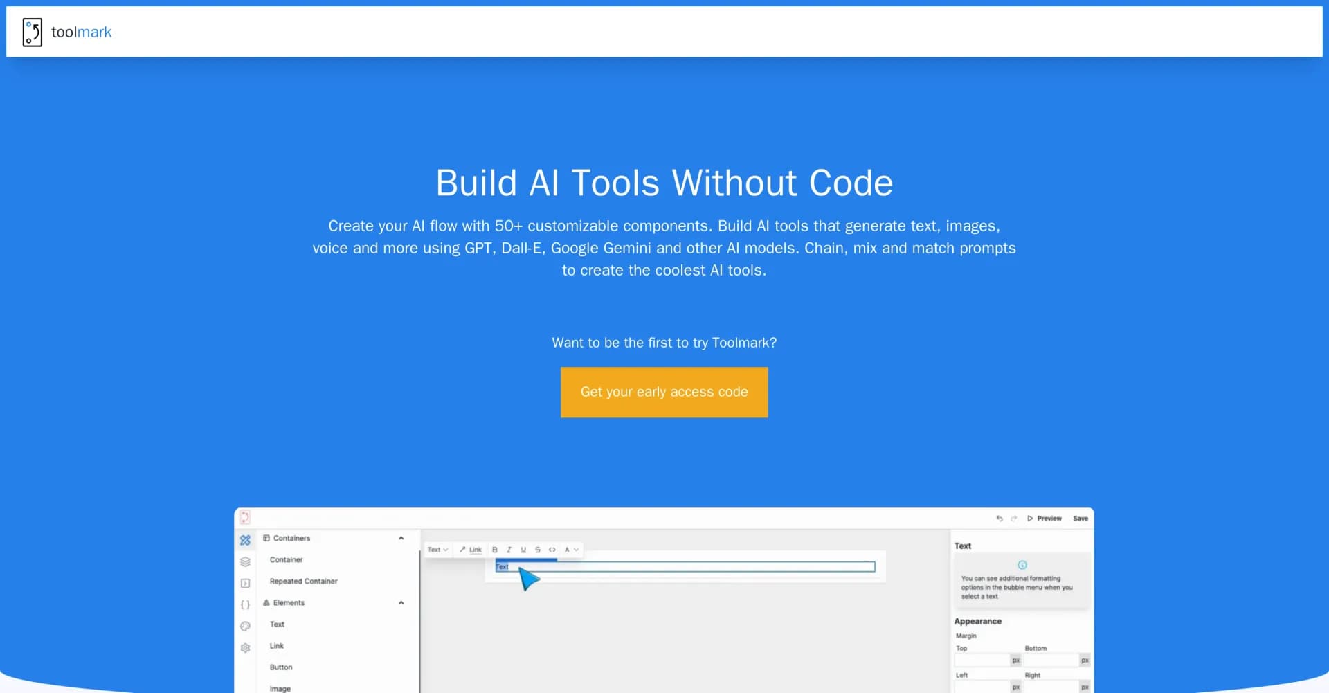 Toolmark homepage screenshot — Build AI tools without code