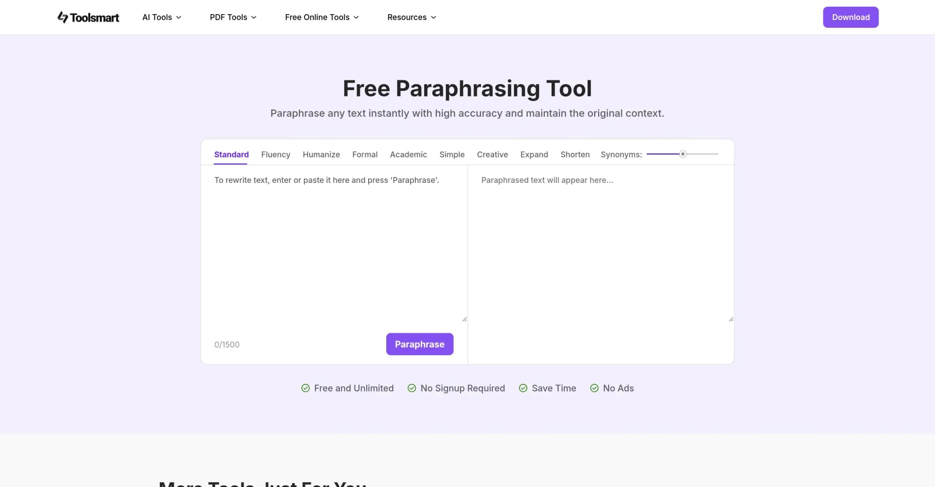 ToolSmart Free Paraphrasing Tool homepage screenshot — Instantly paraphrase text with high accuracy.
