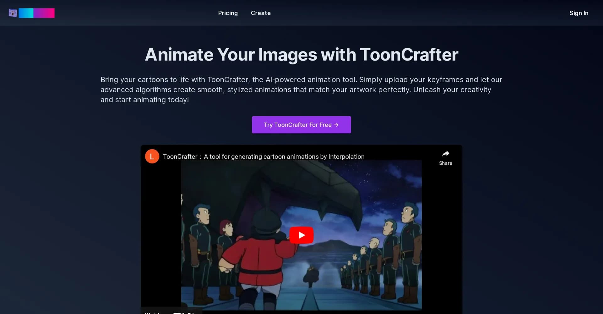 ToonCrafter homepage screenshot — Bring cartoons to life with AI-powered animation