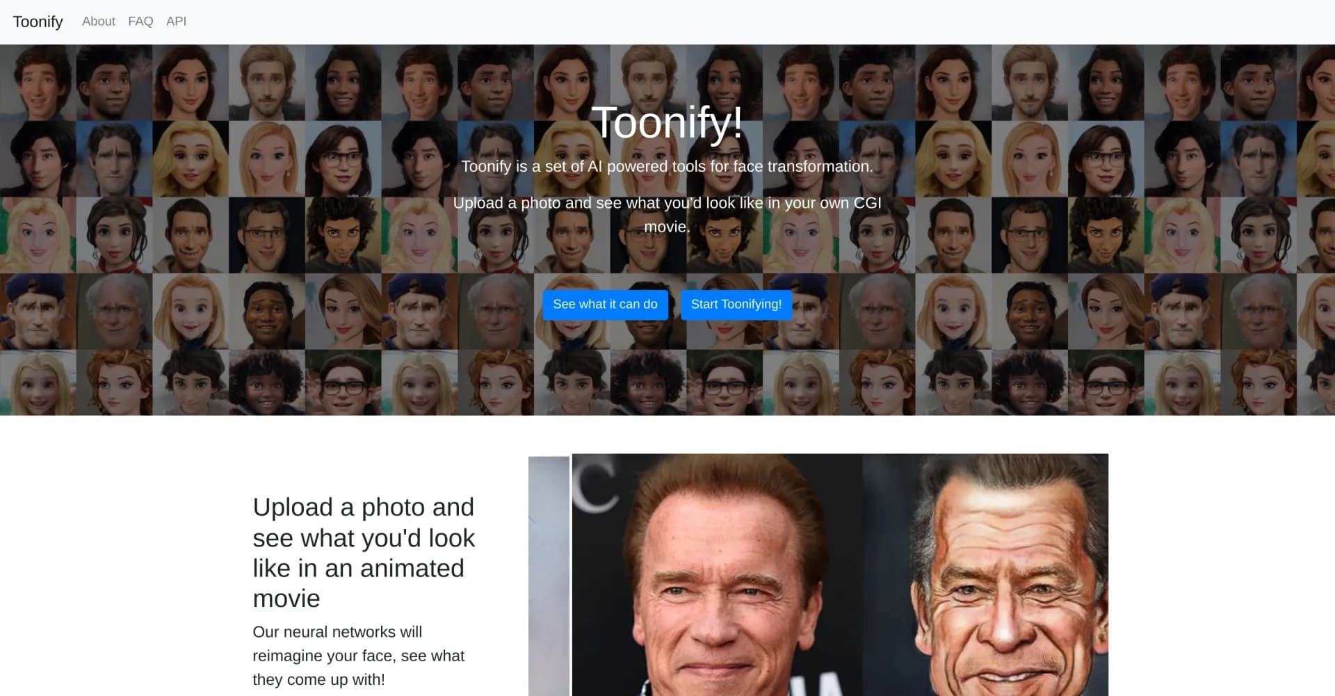Toonify homepage screenshot — Transform faces into CGI movie characters.