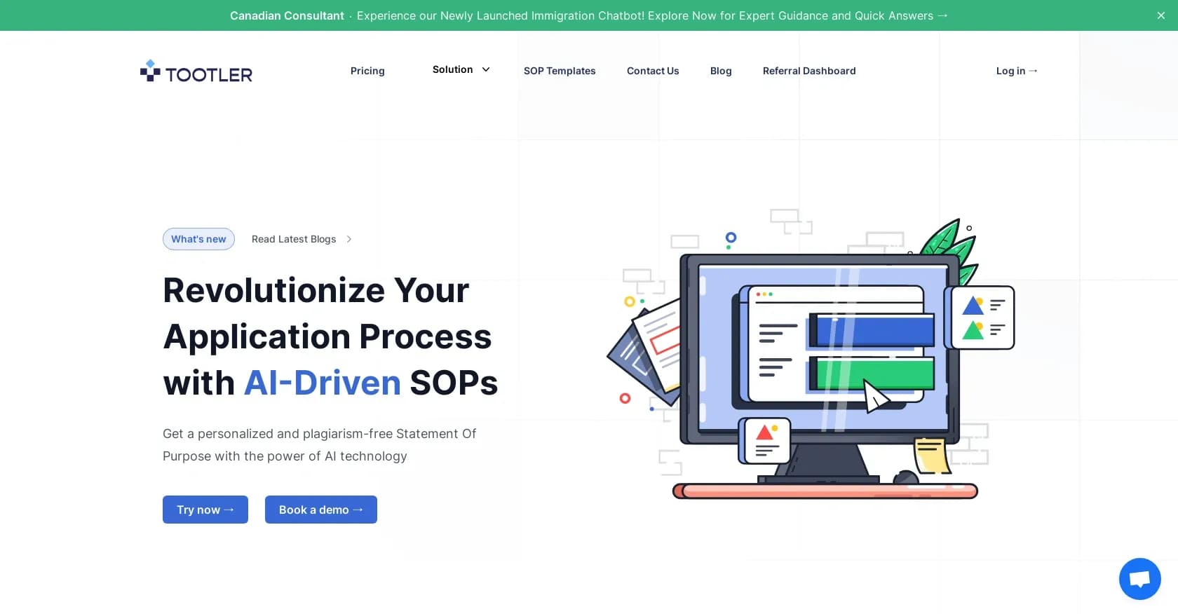 Tootler homepage screenshot — AI-powered personalized Statements of Purpose
