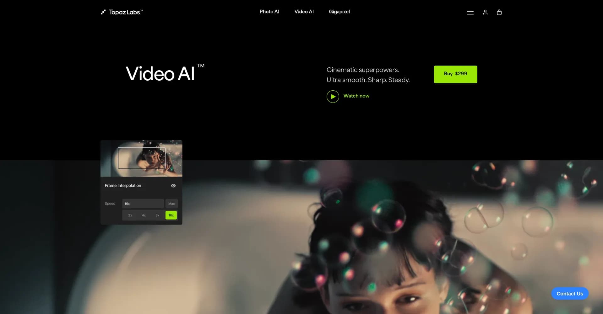 Topaz Video AI homepage screenshot — Cinematic superpowers: Ultra smooth, sharp, and steady.