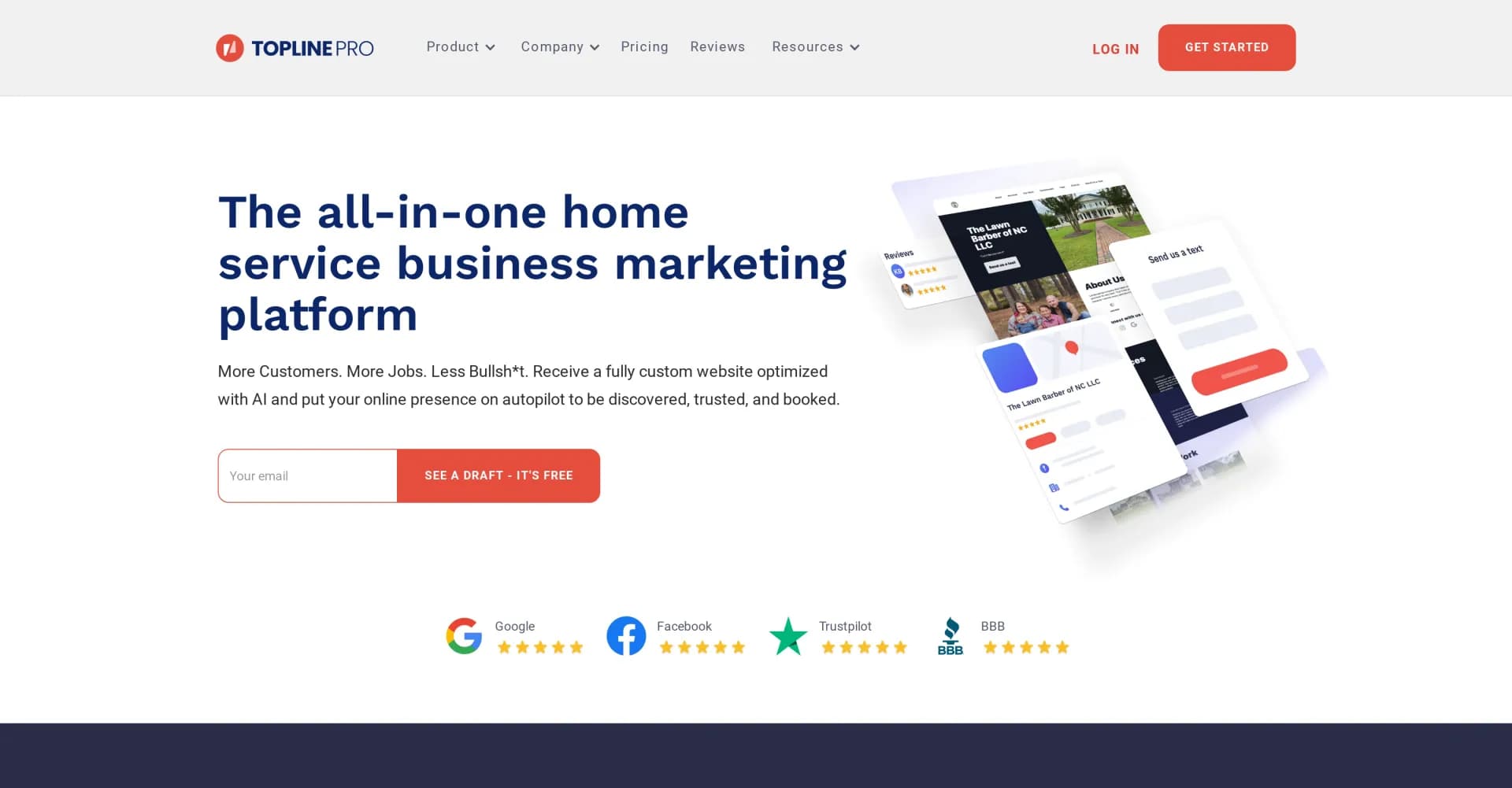 Topline Pro homepage screenshot — Optimized websites for service pros in 24 hours
