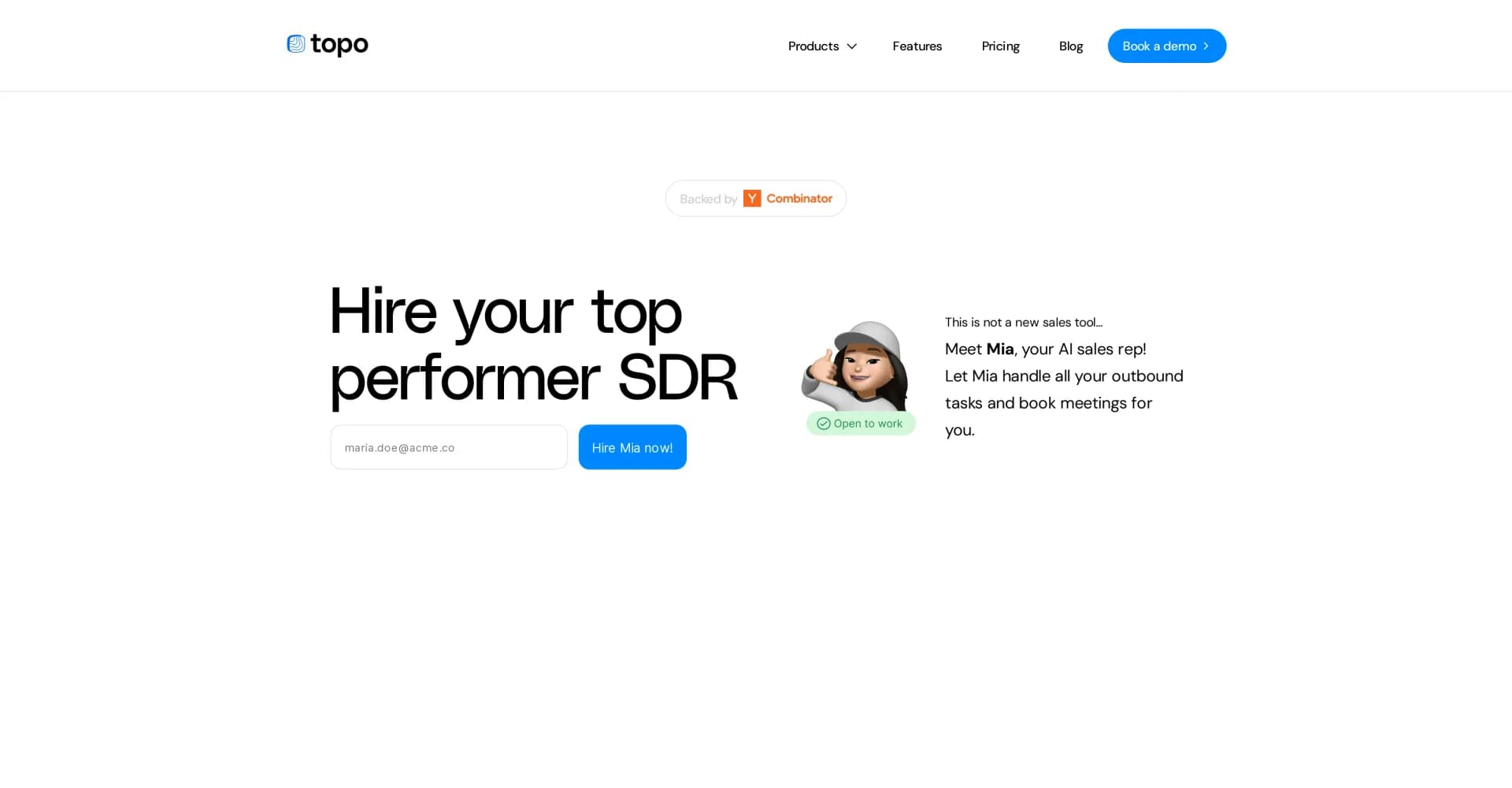 Topo AI homepage screenshot — Meet Mia: Your AI sales rep that books meetings.