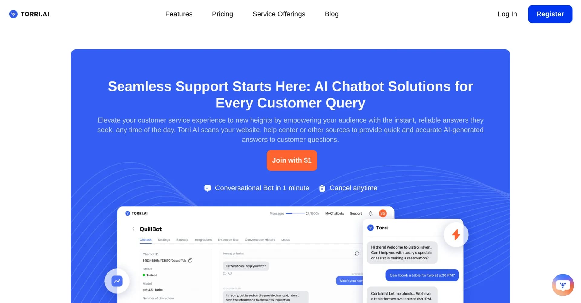 Torri.AI homepage screenshot — AI chatbots for instant, reliable customer support