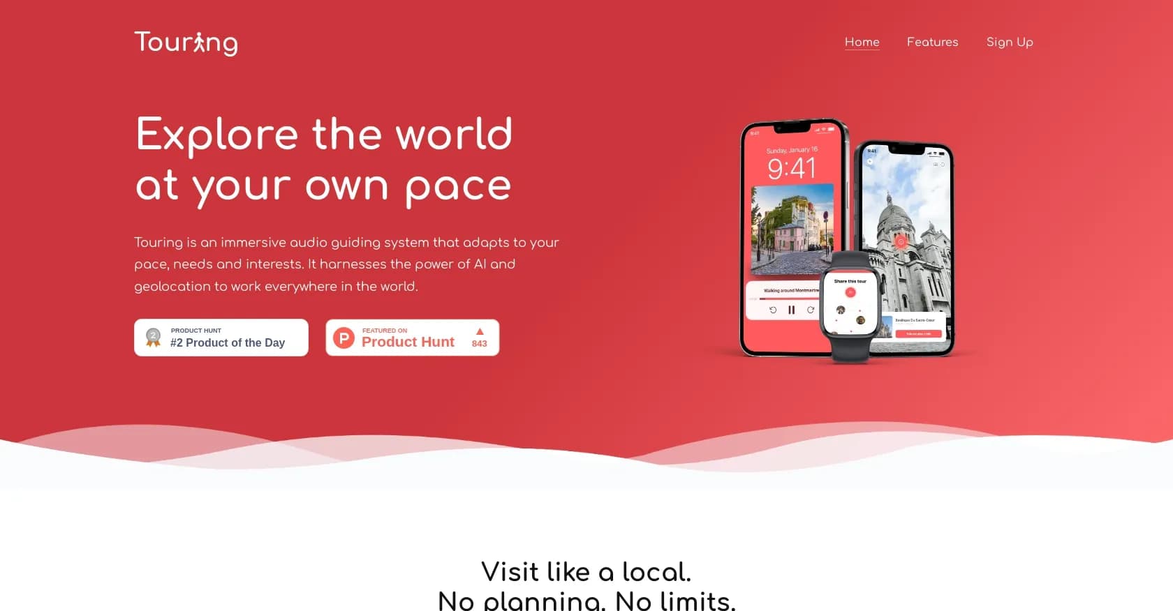 Touring homepage screenshot — AI-powered audio guide that adapts to your travel style.