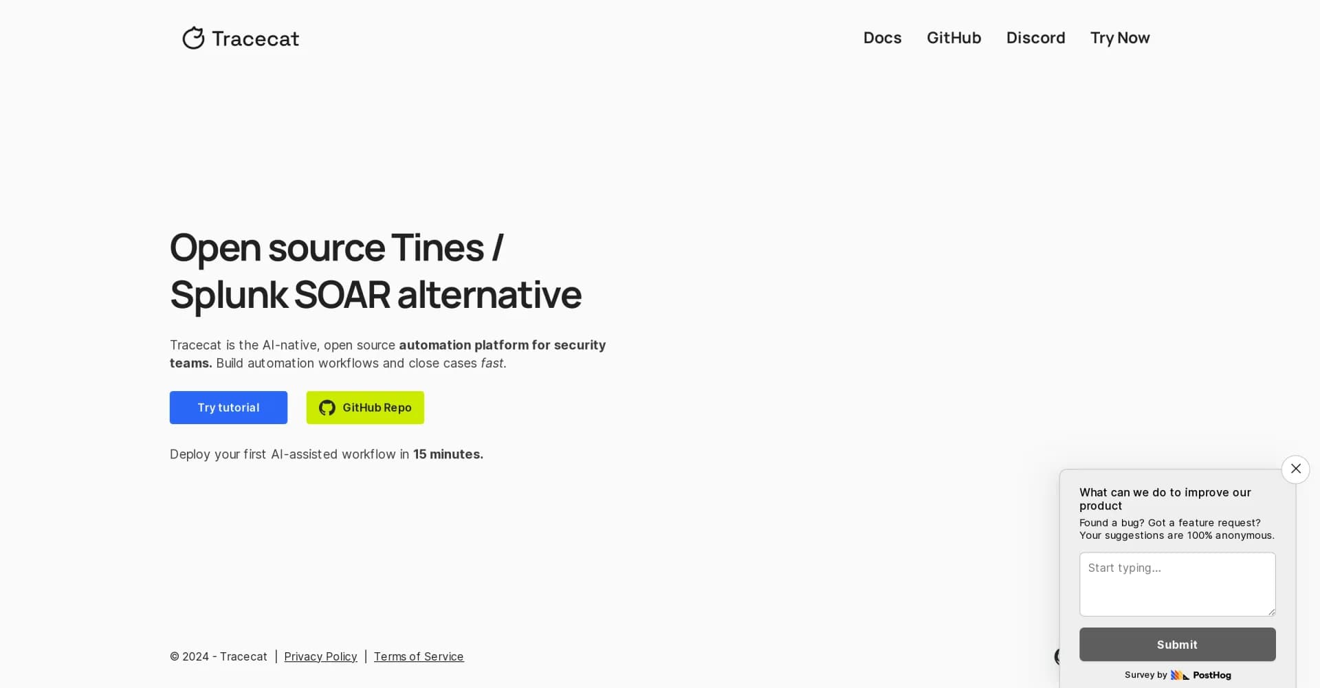 Tracecat homepage screenshot — AI-native automation for security teams.