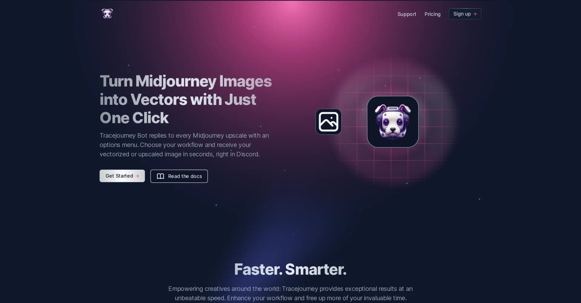 TraceJourney homepage screenshot — Vectorize Midjourney images with one click
