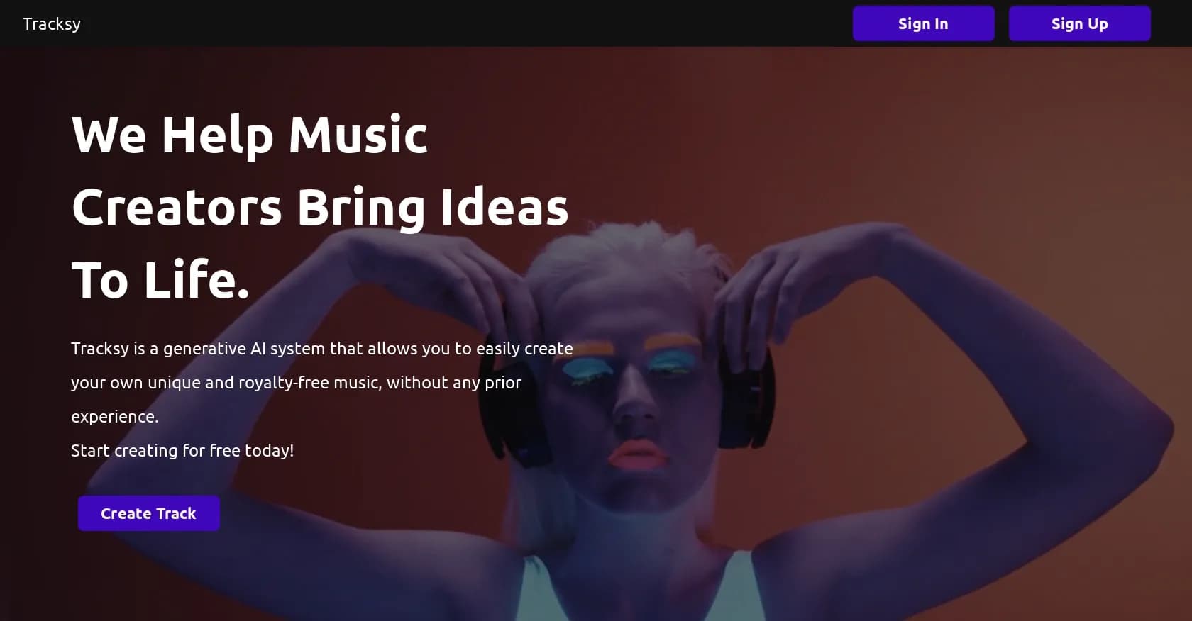 Tracksy homepage screenshot — AI-powered music creation for everyone.