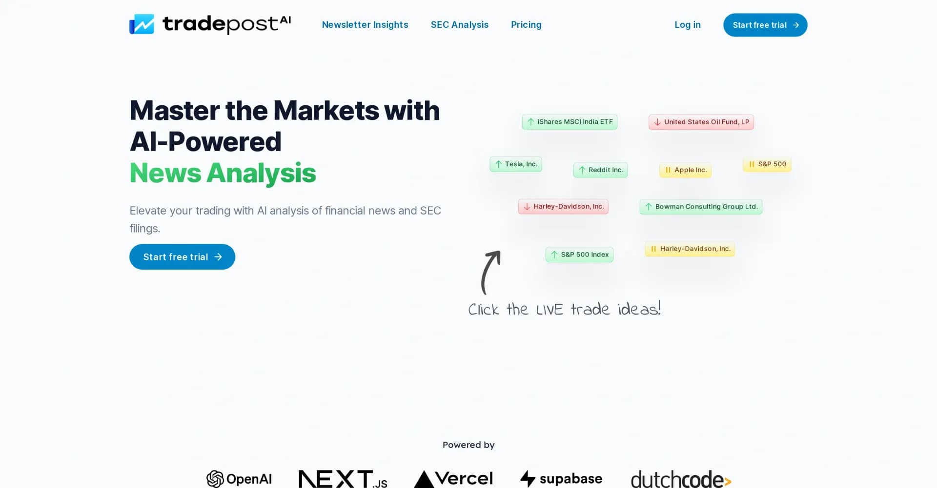 Tradepost.ai homepage screenshot — Financial Newsletter and SEC filing analysis, Generative AI 