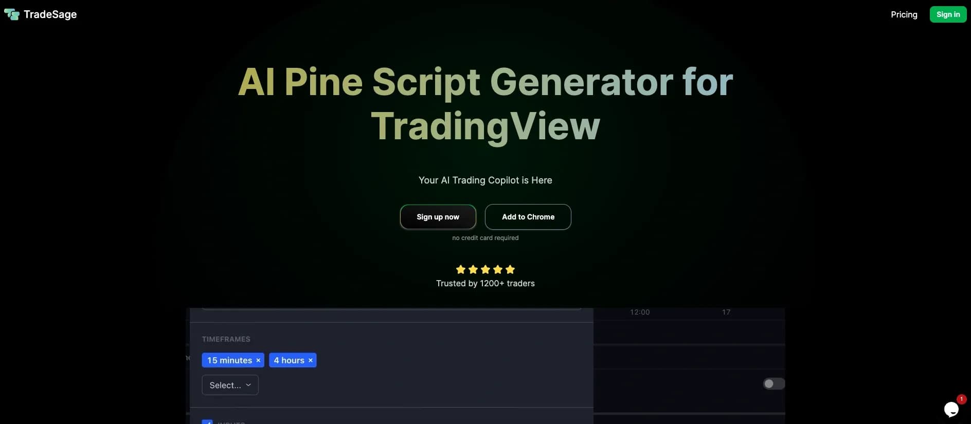 TradeSage - Pine Script Generator homepage screenshot — AI-powered Pine Script generator for TradingView