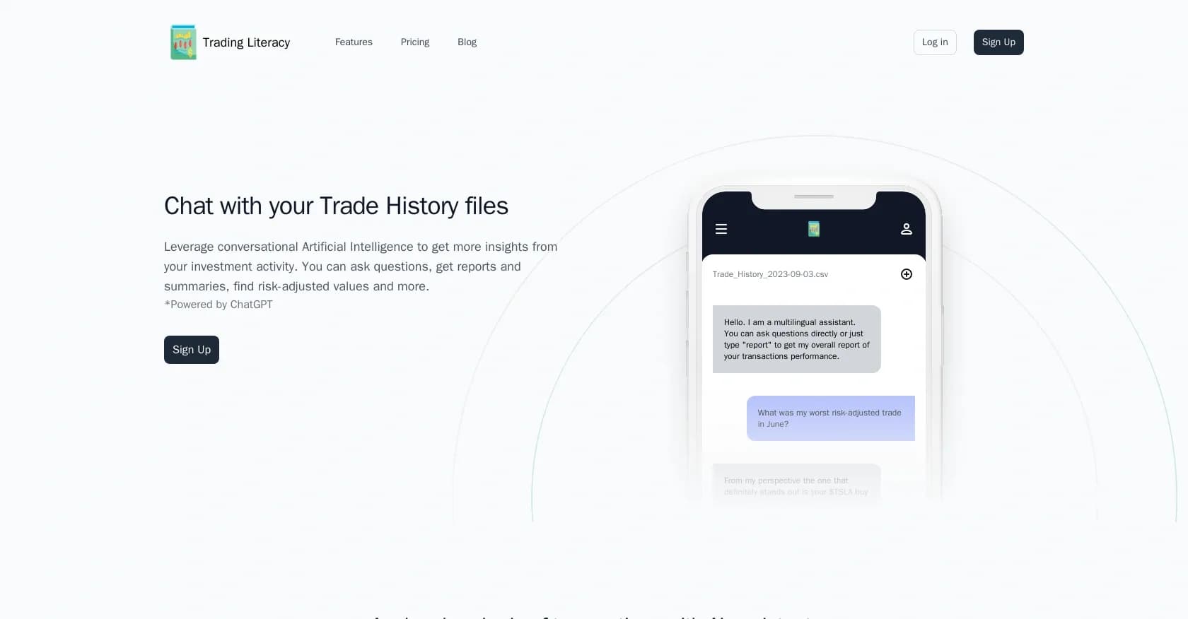 Trading Literacy homepage screenshot — Chat with your trade history for AI-powered insights