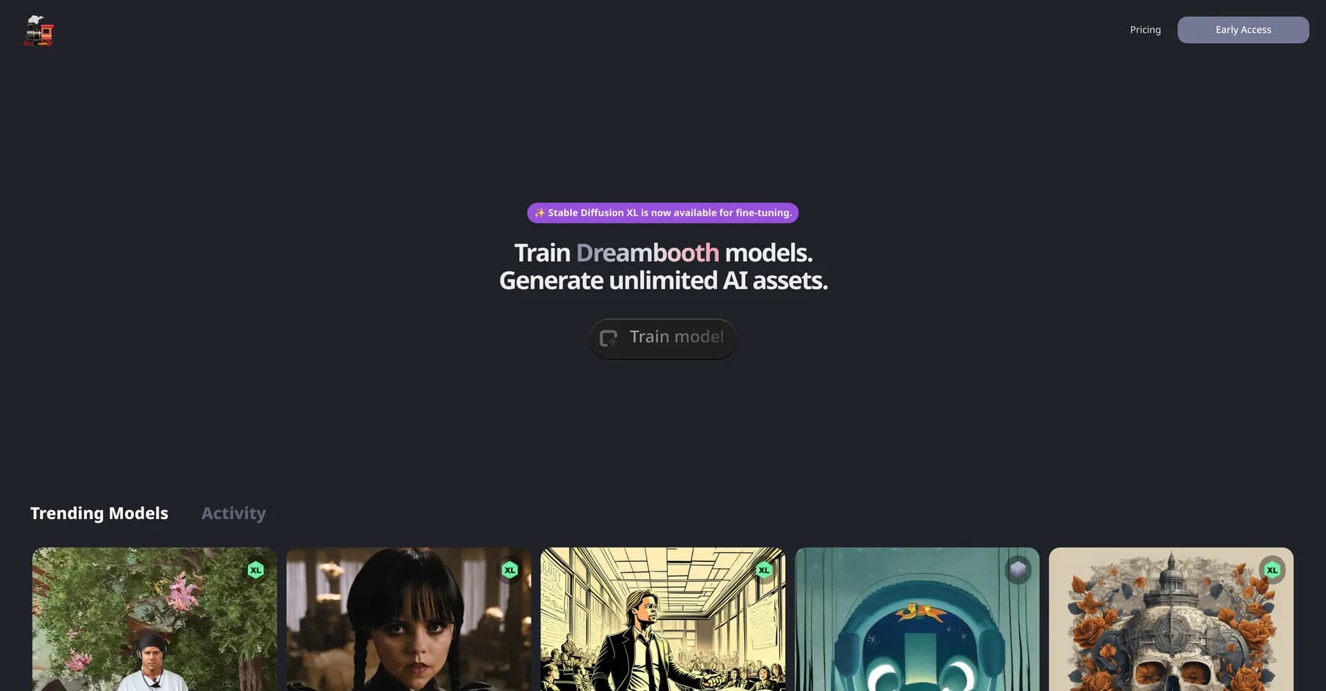 TrainEngine homepage screenshot — Train AI models, generate unlimited assets.