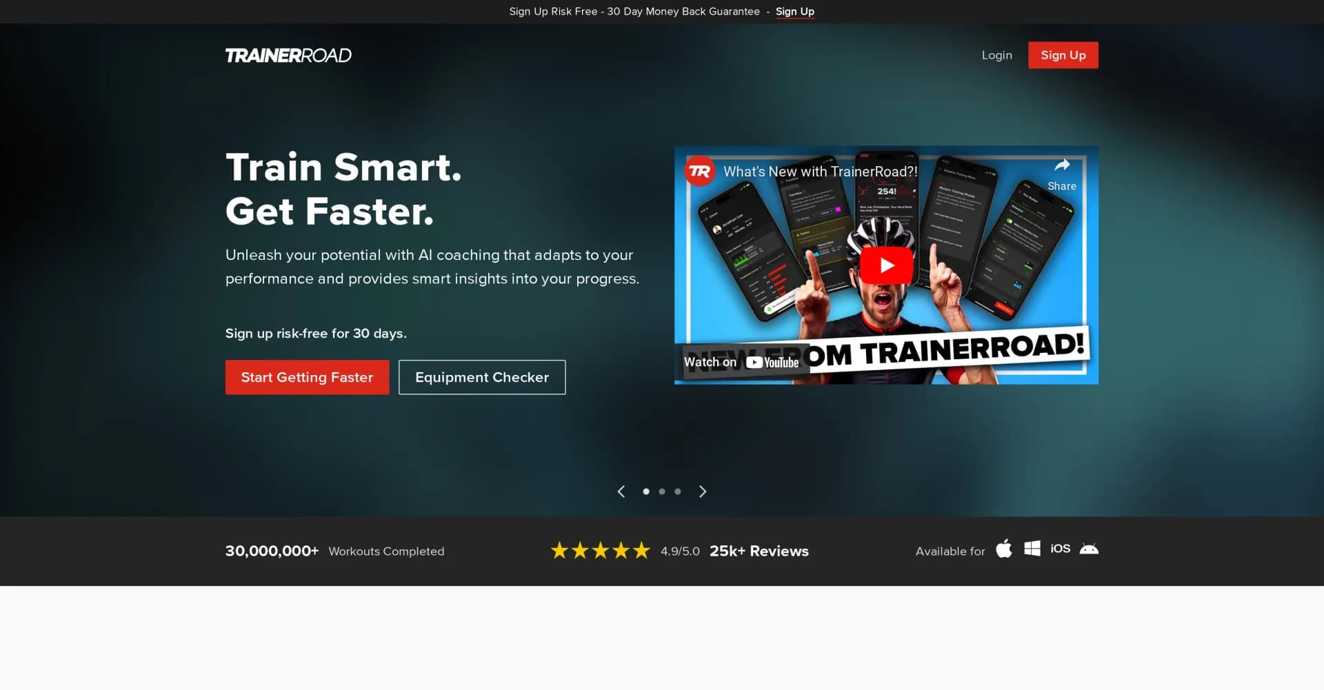 TrainerRoad homepage screenshot — Unleash cycling potential with adaptive AI coaching.