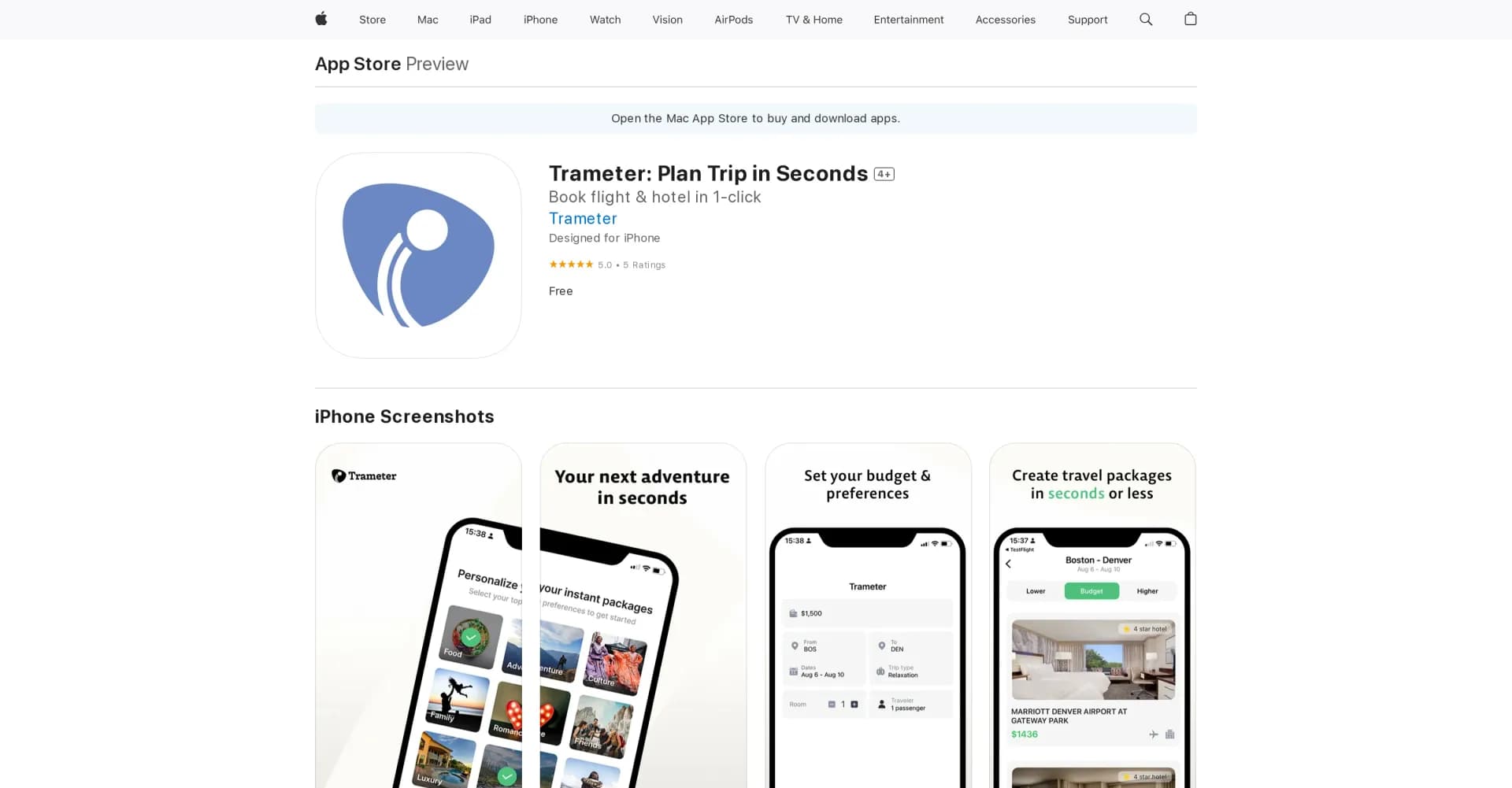 Trameter homepage screenshot — Plan your dream vacation in seconds.