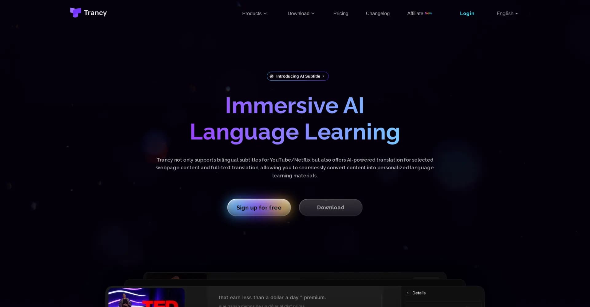 Trancy homepage screenshot — Immersive AI language learning with bilingual subtitles