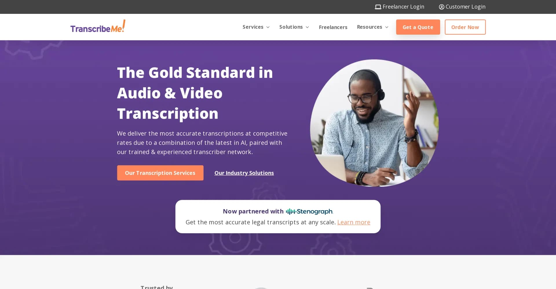 TranscribeMe.com homepage screenshot — Fast, accurate human transcription and translation services.
