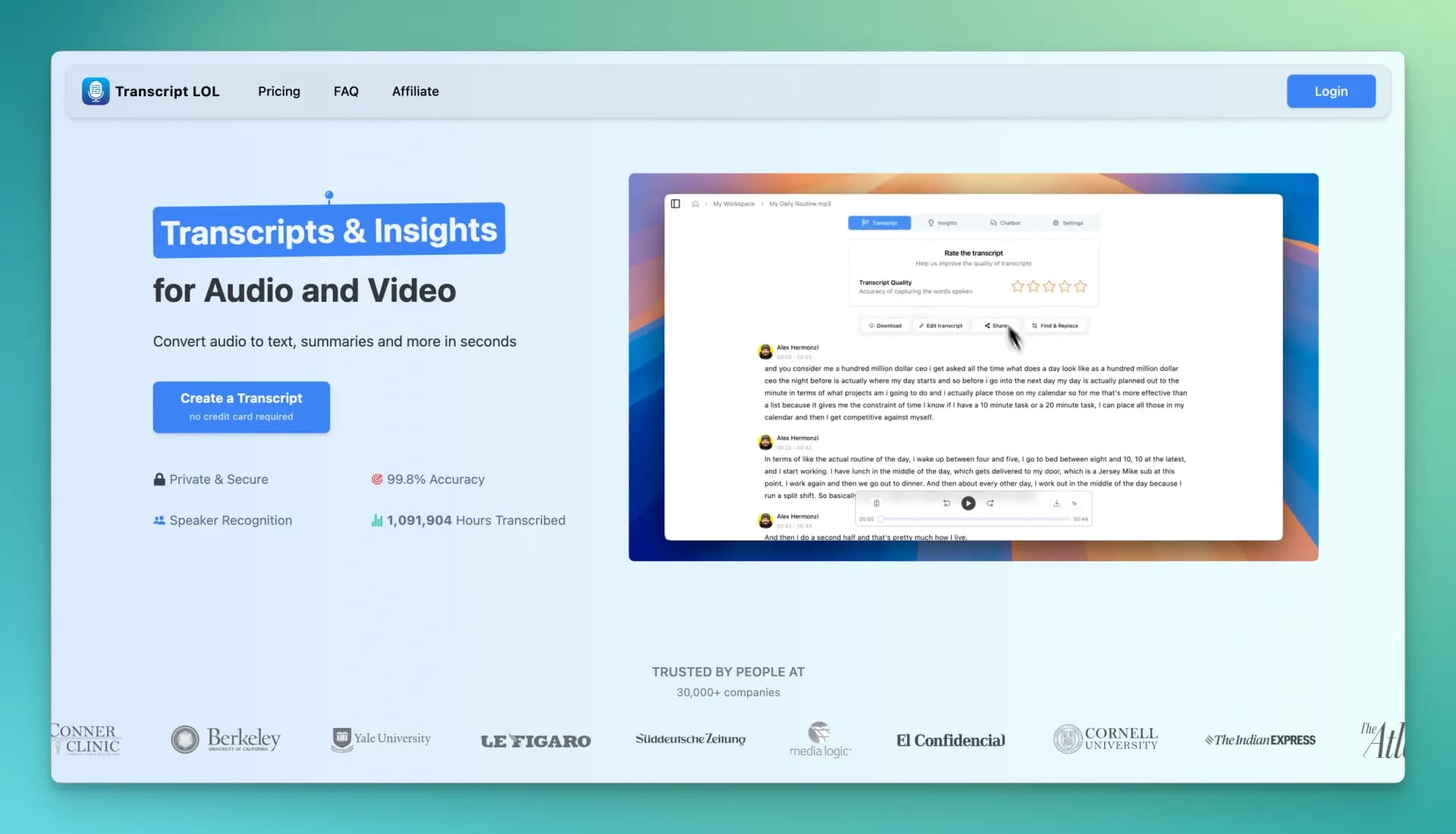 Transcript LOLv3.1 homepage screenshot — Unlimited transcripts, summaries, 99.8% accuracy, speaker re