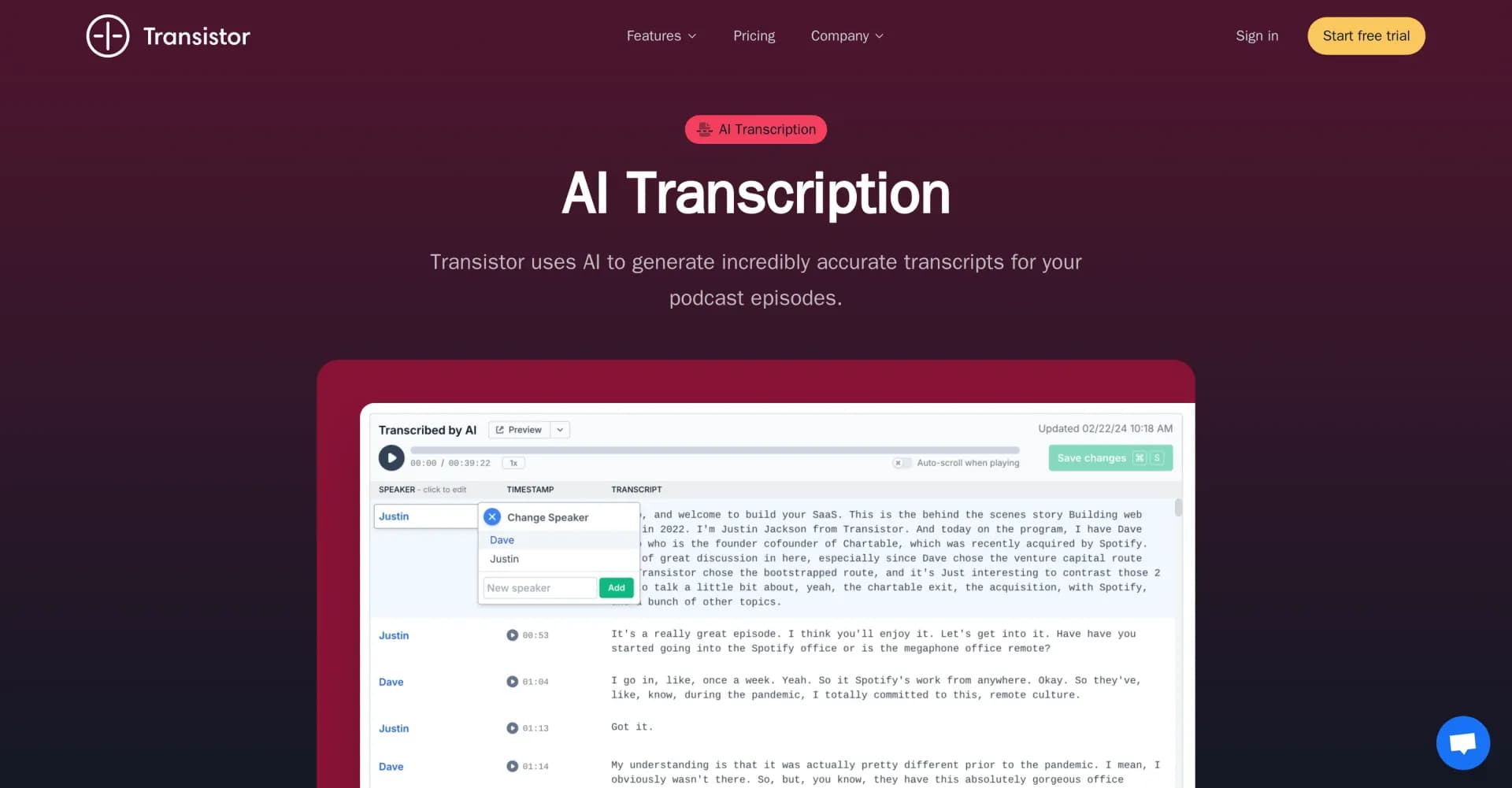 Transistor homepage screenshot — Transcribe podcasts in minutes with AI