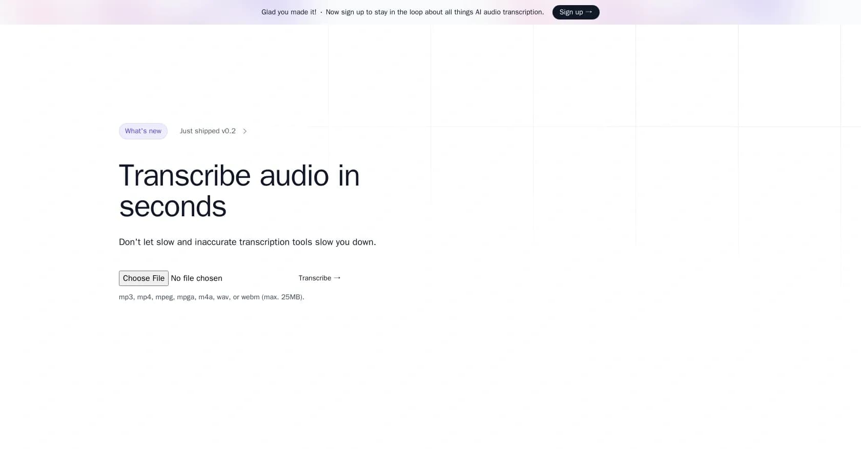 Transkribieren homepage screenshot — Transcribe audio in seconds with AI precision.