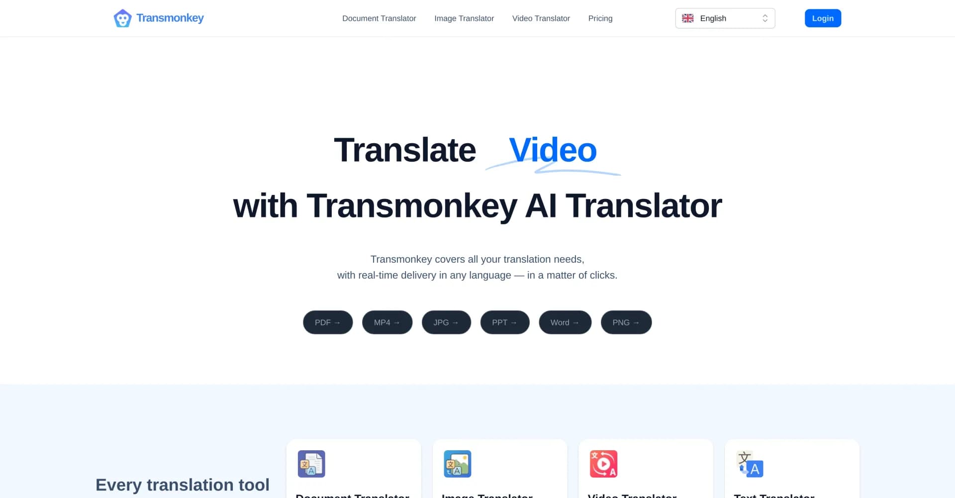 Transmonkey homepage screenshot — Translate any file instantly with AI