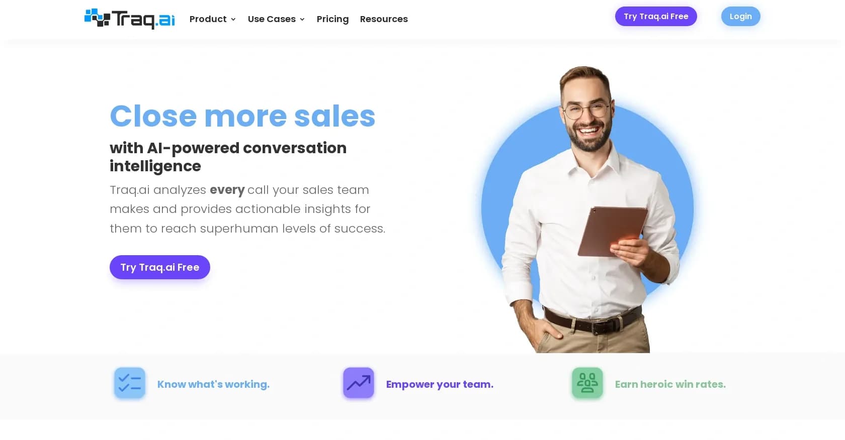 Traq.ai homepage screenshot — Sales call analysis and optimization.