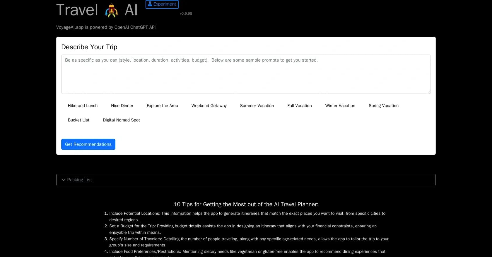 Travel Bug homepage screenshot — AI-powered travel planning made easy