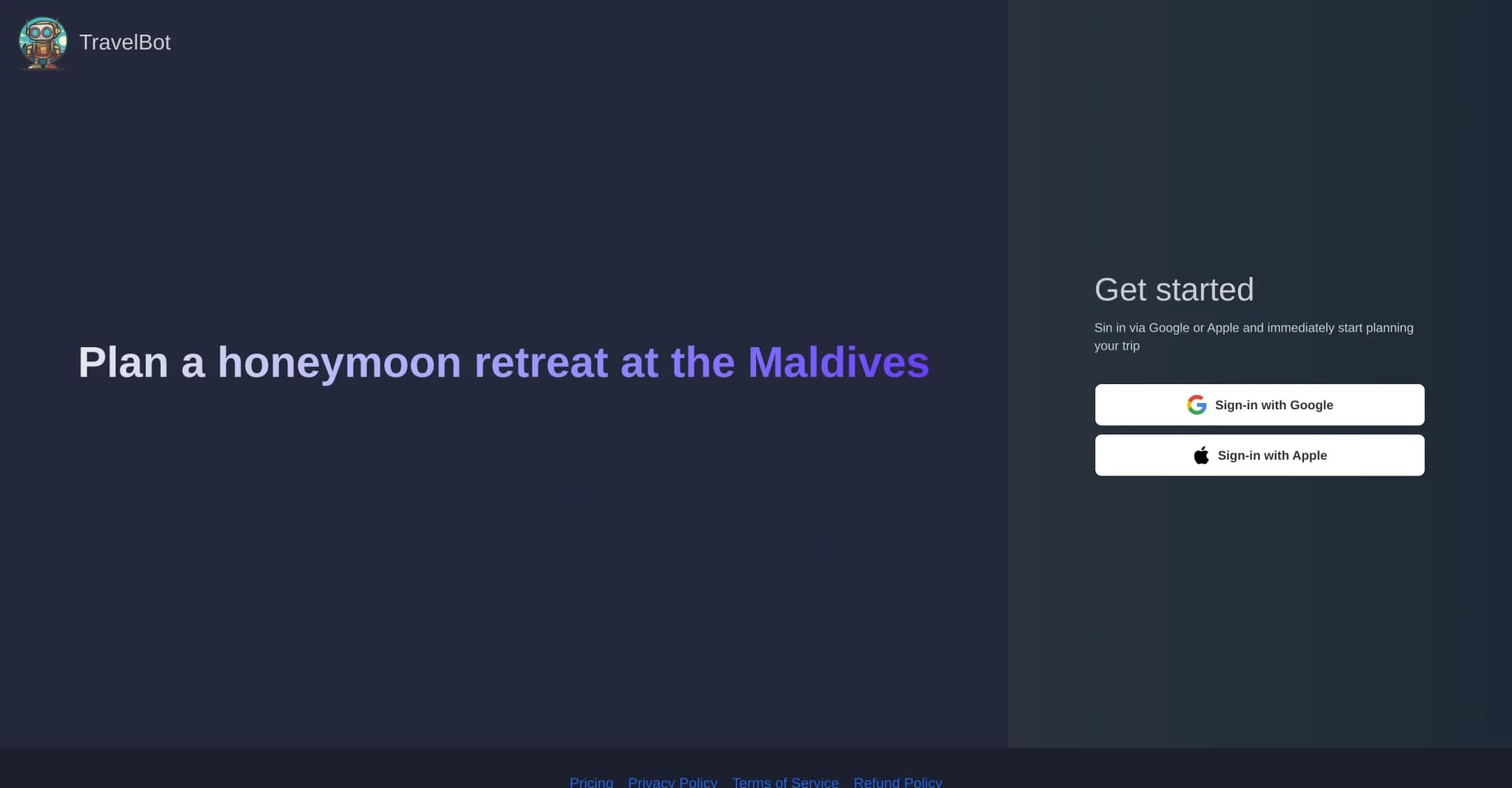 TravelBot homepage screenshot — Your AI travel companion and virtual agent.