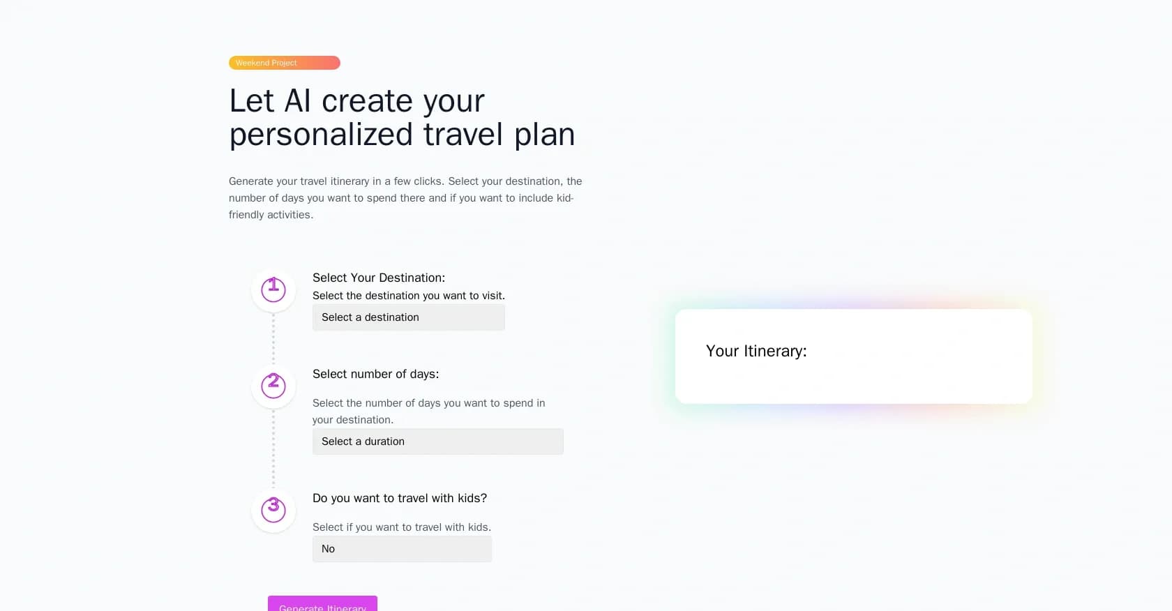 Travelplan homepage screenshot — Generate personalized travel itineraries with AI.